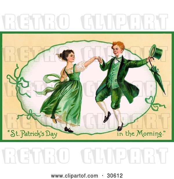 Clip Art of Retro Victorian St Patrick's Day Scene of a Happy Young Irish Couple Dressed in Green and Dancing, Circa 1909