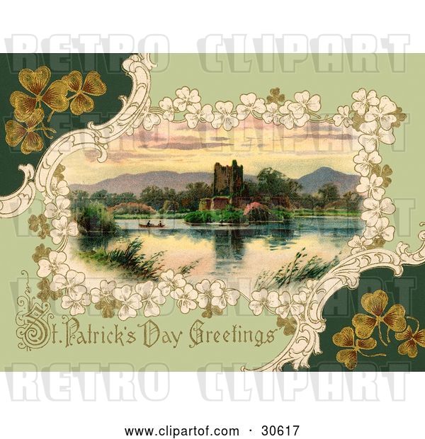 Clip Art of Retro Victorian St Patrick's Day Scene of Clovers Around Ross Castle in Killarney, Ireland, Circa 1913