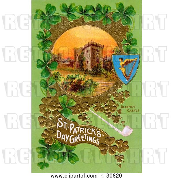 Clip Art of Retro Victorian St Patrick's Day Scene of Ireland's Blarney Castle Surrounded by Gold and Green Clovers, Circa 1910