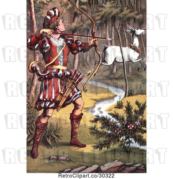 Clip Art of Retro Warrior Hunting a White Fawn