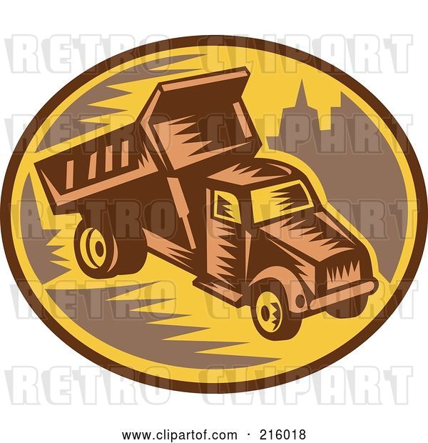 Clip Art of Retro Woodcut Dump Truck Logo