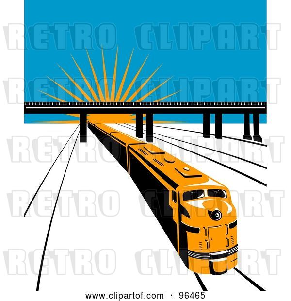 Clip Art of Retro Yellow Diesel Train Traveling Away from a Sunrise