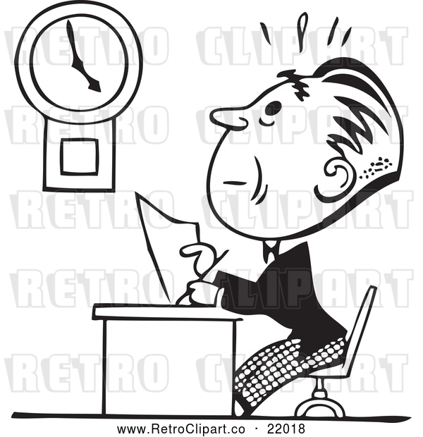 Clipart of a Retro Businessman Trying to Finish His Work on Time Before Deadline