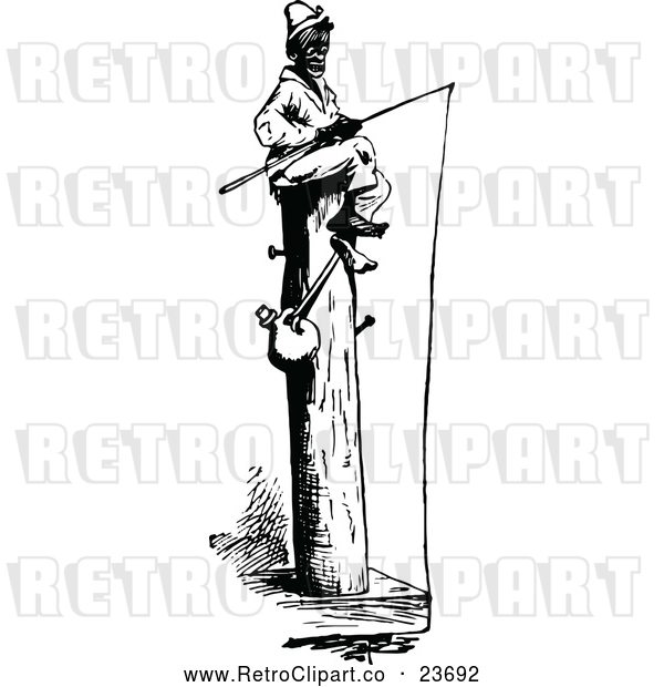 Clipart of a Retro Man Sitting on a Big Wood Post While Fishing