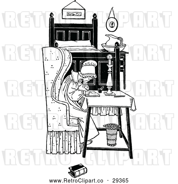 Clipart of a Retro Woman Writing Letter in Bedroom