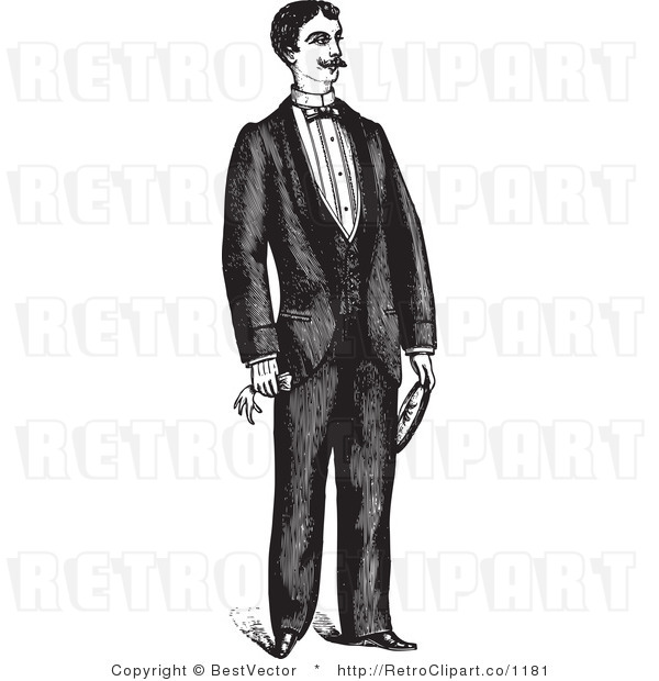 Royalty Free Black and White Retro Vector Clip Art of a Man in a Tux
