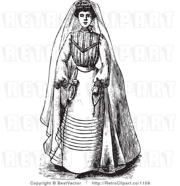 Royalty Free Black and White Retro Vector Clip Art of a Victorian Bride