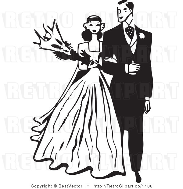 Free Black and White Retro Vector Clip Art of a Wedding Bride and Groom