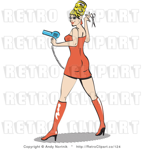 Royalty Free Retro Vector Clip Art of a Hairstylist Holding a Blow Dryer and Scissors