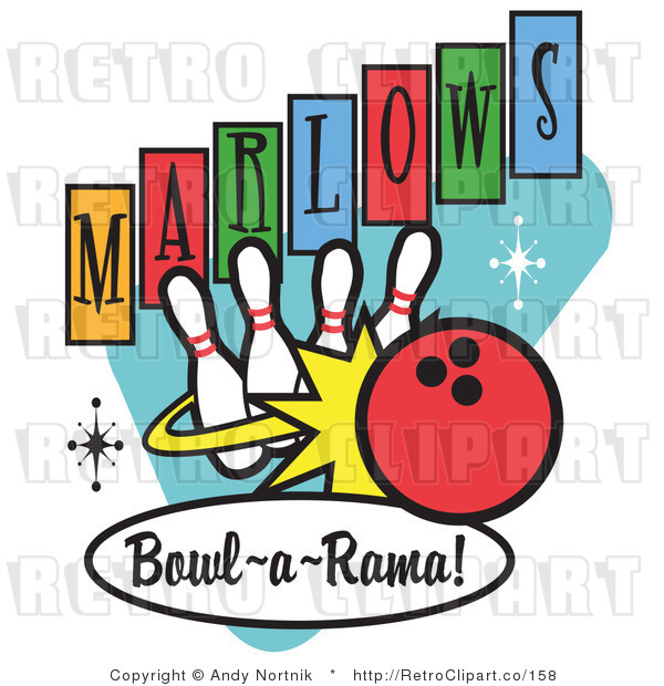Royalty Free Retro Vector Clip Art of a Marlows Bowl O Rama Sign