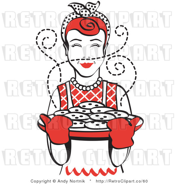 Royalty Free Vector Retro Clip Art of a 1950's Housewife Holding a Sheet Full of Hot Chocolate Chip Cookies Right out of the Oven