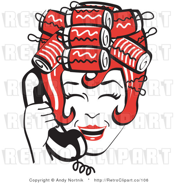 Royalty Free Vector Retro Clip Art of a 1950's Housewife Laughing with Hair Curlers While Talking on a Landline Telephone