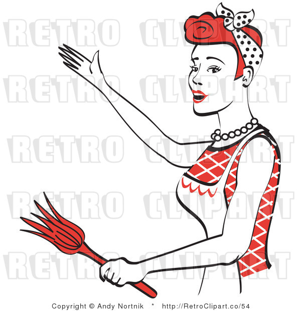 Royalty Free Vector Retro Clip Art of a 1950's Housewife or Maid Holding a Feather Duster While Standing in a Presentation Stance