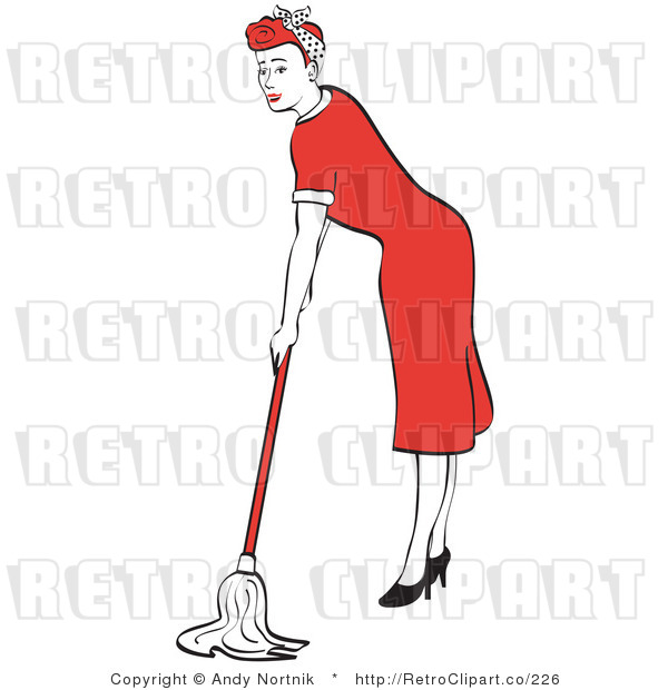 Royalty Free Vector Retro Clip Art of a 1950's Housewife or Maid Mopping 