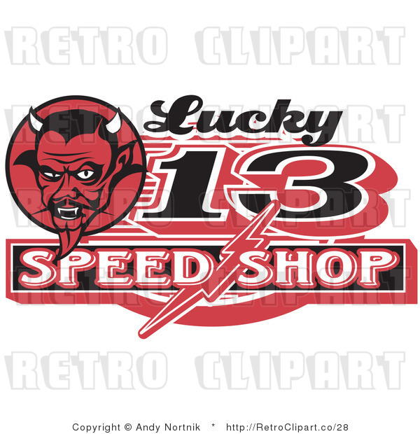 Royalty Free Vector Retro Illustration of a Lucky 13 Speed Shop Sign with Red Devil Man with Horns