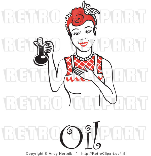 Royalty Free Vector Retro Illustration of a Red Haired Female Chef Wearing Apron While Presenting Bottle of Cooking Oil