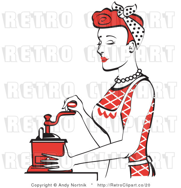 Royalty Free Vector Retro Illustration of a Red Haired Housewife or Female Maid Using a Manual Hand Crank Coffee Grinder