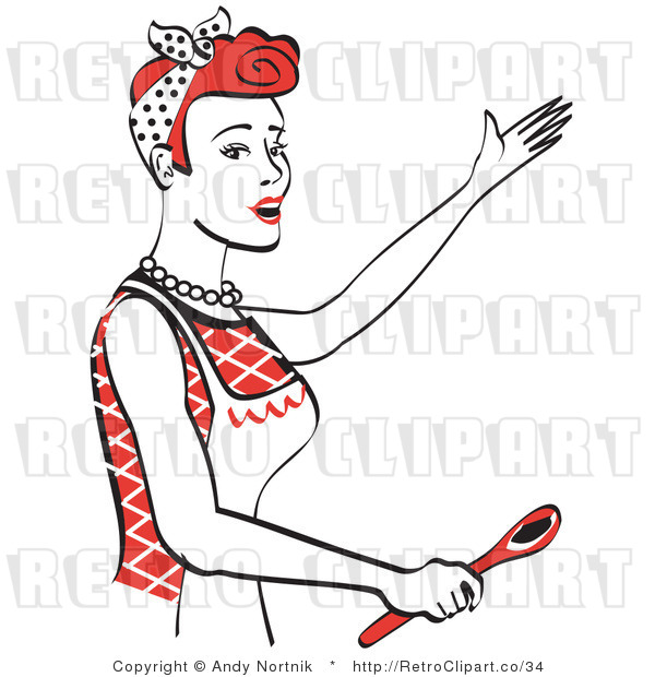 Royalty Free Vector Retro Illustration of a Red Haired Housewife or Maid Wearing an Apron While Presenting Something Spectacular with a Spoon in Her Hand