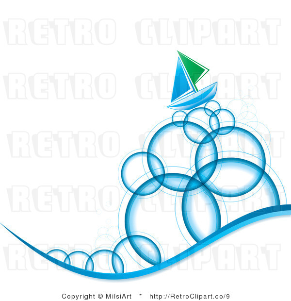 Royalty Free Vector Retro Illustration of a Sailboat Sailing on Circular Blue Bubble Waves