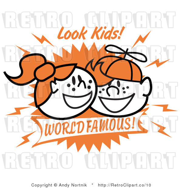 Royalty Free Vector Retro Illustration of Two Happy Freckled Kids, One Boy and One Girl