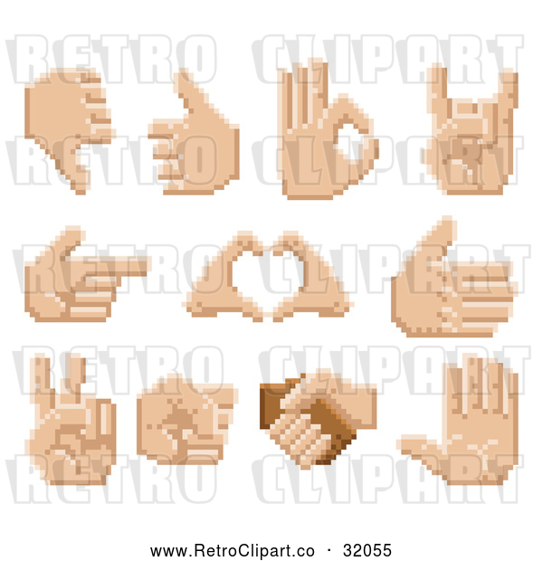 Vector Clip Art of 11 Retro 8-Bit Pixel Art Human Hands - Digital Collage