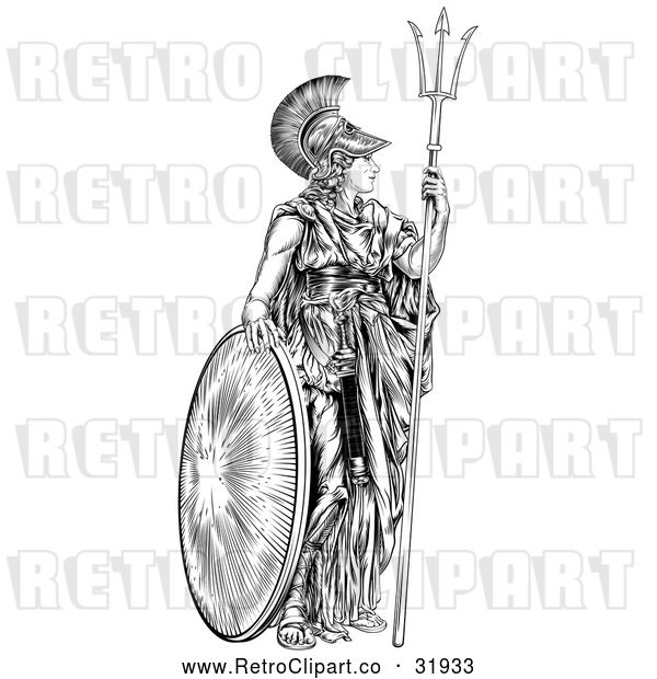 Vector Clip Art of a Confident Retro Black Outlined Athena Britannia with a Trident and Shield
