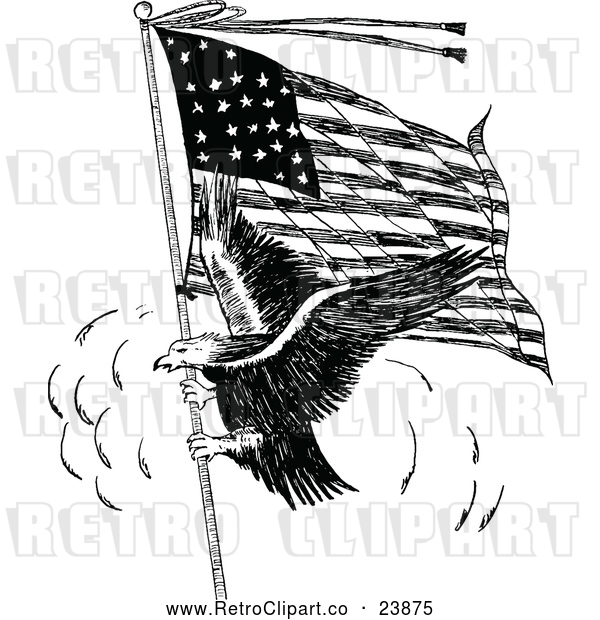 Vector Clip Art of a Confident Retro Eagle Representing the American Flag in Black and White