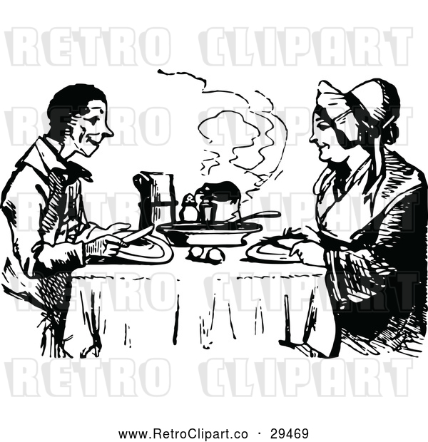 Vector Clip Art of a Happy Retro Couple Eating a Meal