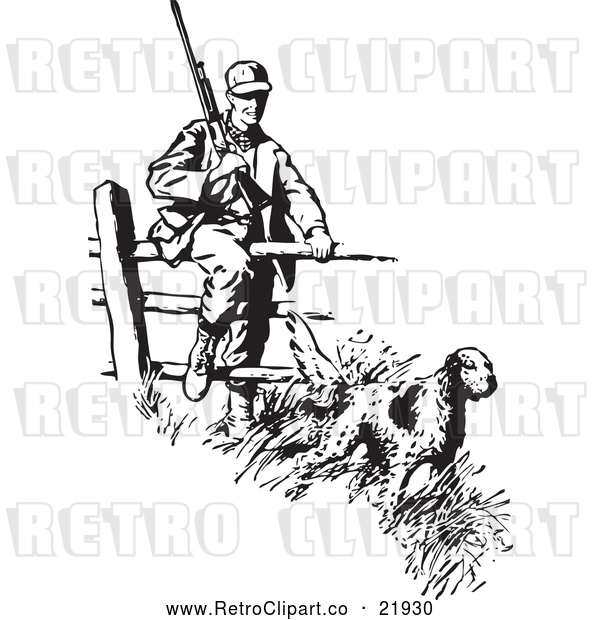Vector Clip Art of a Hunting Retro Dog Leading a Hunter over Fence