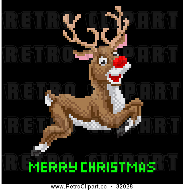 Vector Clip Art of a Pixelated Rudolph Red Nosed Reindeer Leaping over Merry Christmas Text