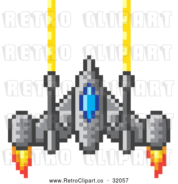 Vector Clip Art of a Pixelized Retro 8-Bit Spaceship Shooting Gold Lazers with Fire Powered Jets