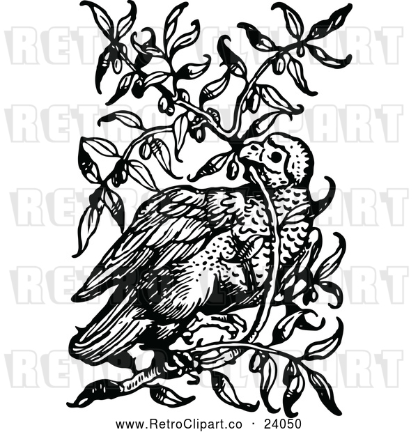 Vector Clip Art of a Retro Bird in a Bush