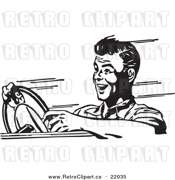 Vector Clip Art of a Retro Black and White Man Speeding in a Car