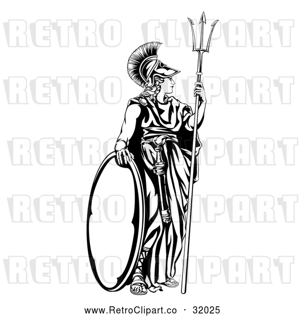 Vector Clip Art of a Retro Black Athena Britannia with a Trident and Shield