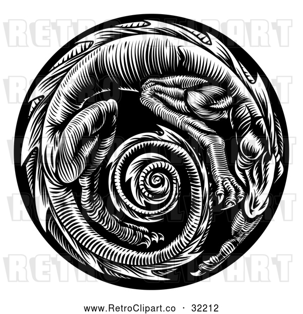 Vector Clip Art of a Retro Black Dragon Forming a Spiral in a Circle