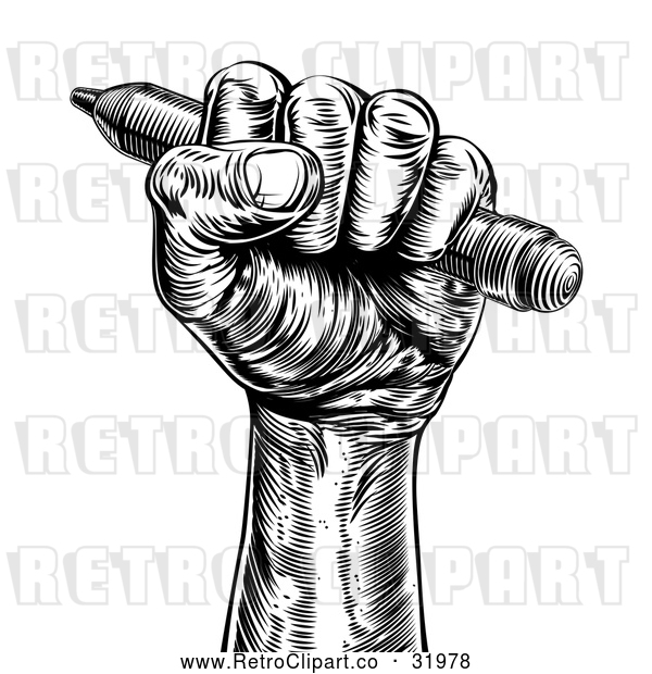 Vector Clip Art of a Retro Black Fisted Hand Holding a Pencil