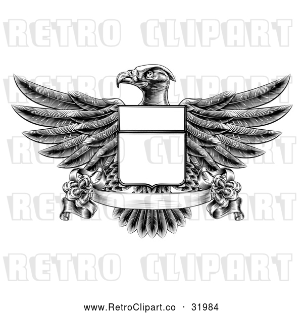 Vector Clip Art of a Retro Black Heraldic Coat of Arms American Bald Eagle with a Shield and Blank Banner