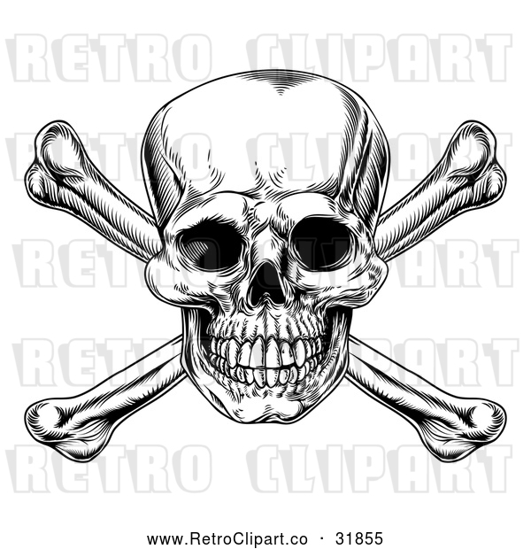 Vector Clip Art of a Retro Black Jolly Roger Skull and Crossbones