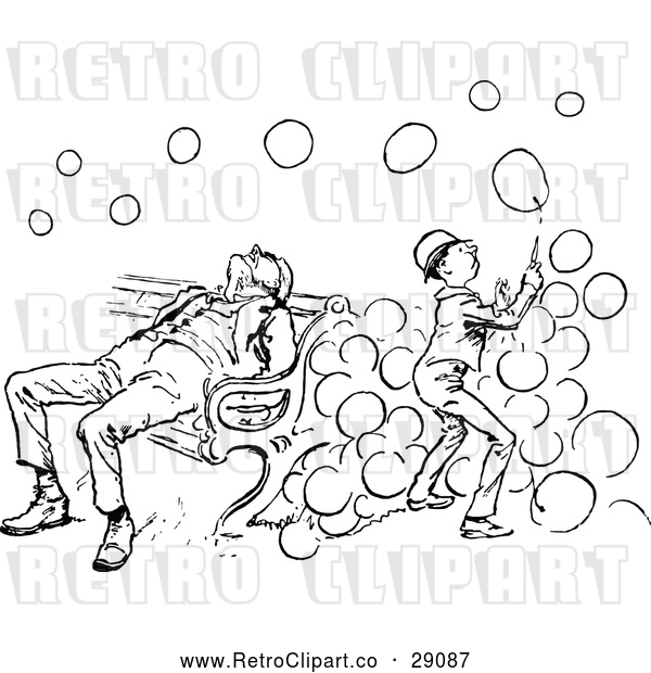 Vector Clip Art of a Retro Boy Playing with Soap Bubbles Beside a Sleeping Man on a Bench