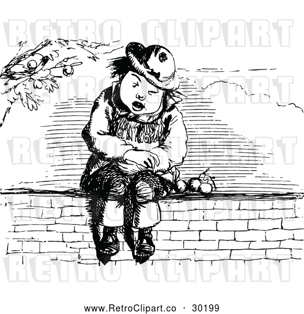 Vector Clip Art of a Retro Boy Sitting on a Wall with Fruit