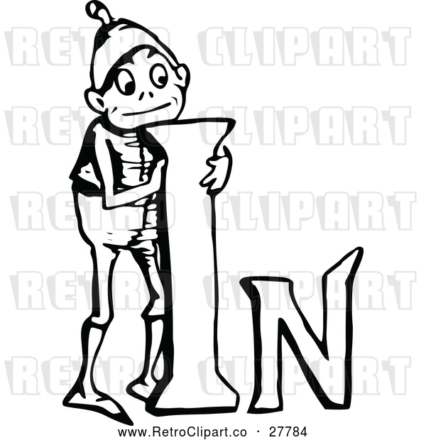 Vector Clip Art of a Retro Boy Standing Beside the Word 'In'