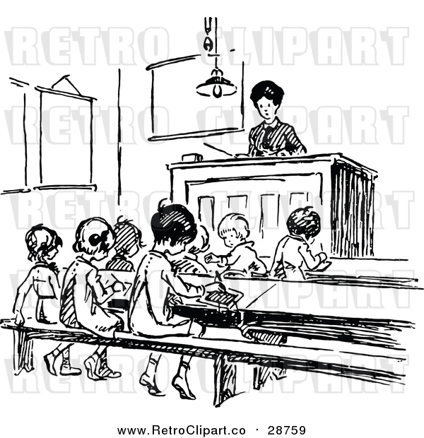 Vector Clip Art of a Retro Classroom with Young Students and a Teacher