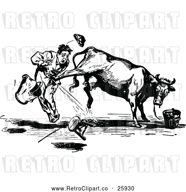 Vector Clip Art of a Retro Cow Aggressively Kicking a Man