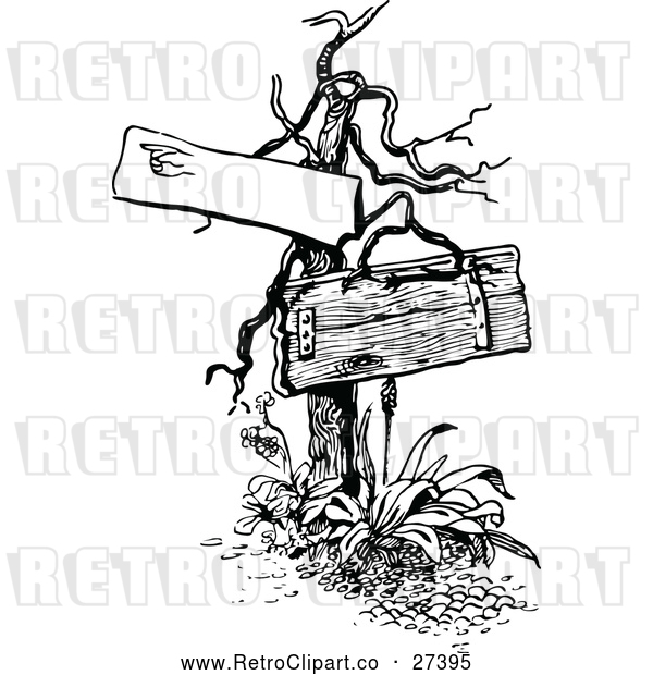 Vector Clip Art of a Retro Dead Tree with Blank Wooden Signs