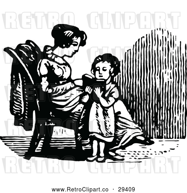 Vector Clip Art of a Retro Girl Reading to Her Mom