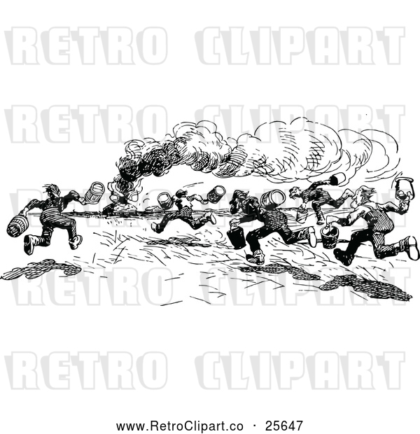 Vector Clip Art of a Retro House Fire and Men Running with Water Pails