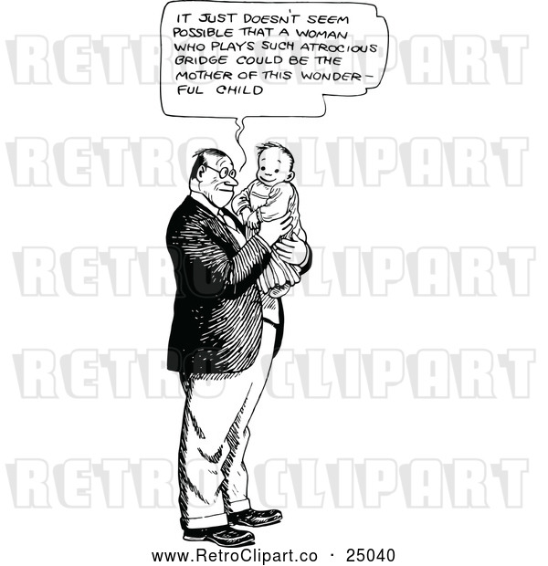 Vector Clip Art of a Retro Man Talking and Holding a Baby