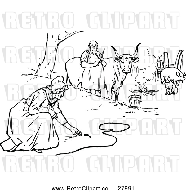 Vector Clip Art of a Retro Man with Cattle Watching a Woman Feed a Mouse