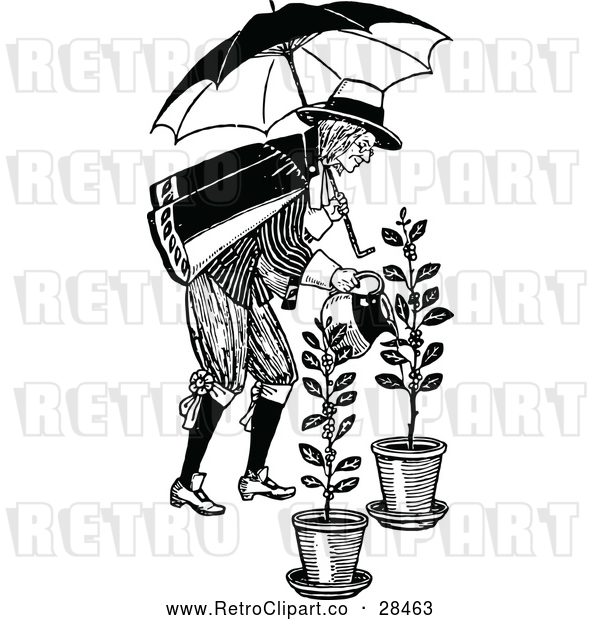 Vector Clip Art of a Retro Man with Umbrella Watering Plants