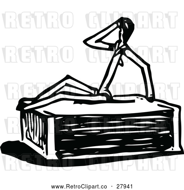 Vector Clip Art of a Retro Match Stick Character on a Box